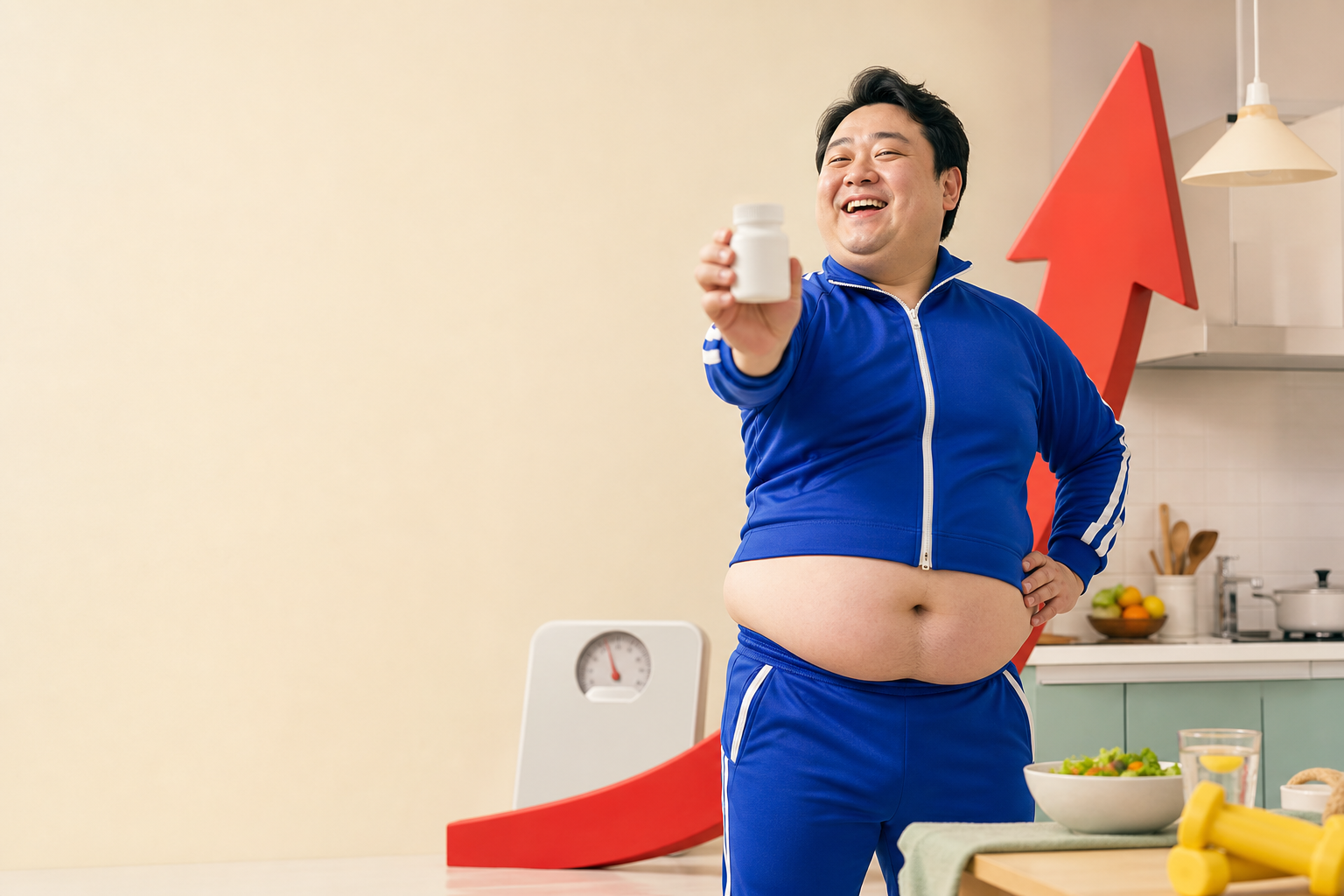 YASEMASENを持って自信満々に笑う男性